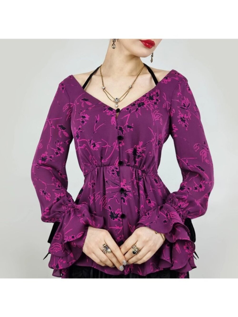 Cinq a Sept 100% Silk Purple Floral Blouse Small Bell Sleeve Velvet Tie Peplum